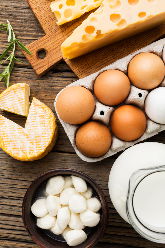 Natural product from farm: eggs, milk and cheese